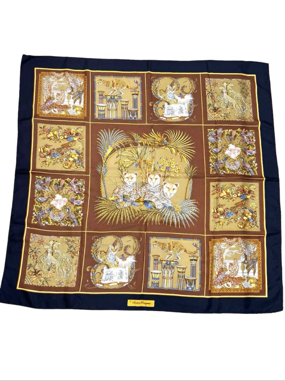 Leopard-Tiger Family Salvatore Ferragamo Scarf SilkSatin 34" Gold Brown (27 - Picture 14 of 15
